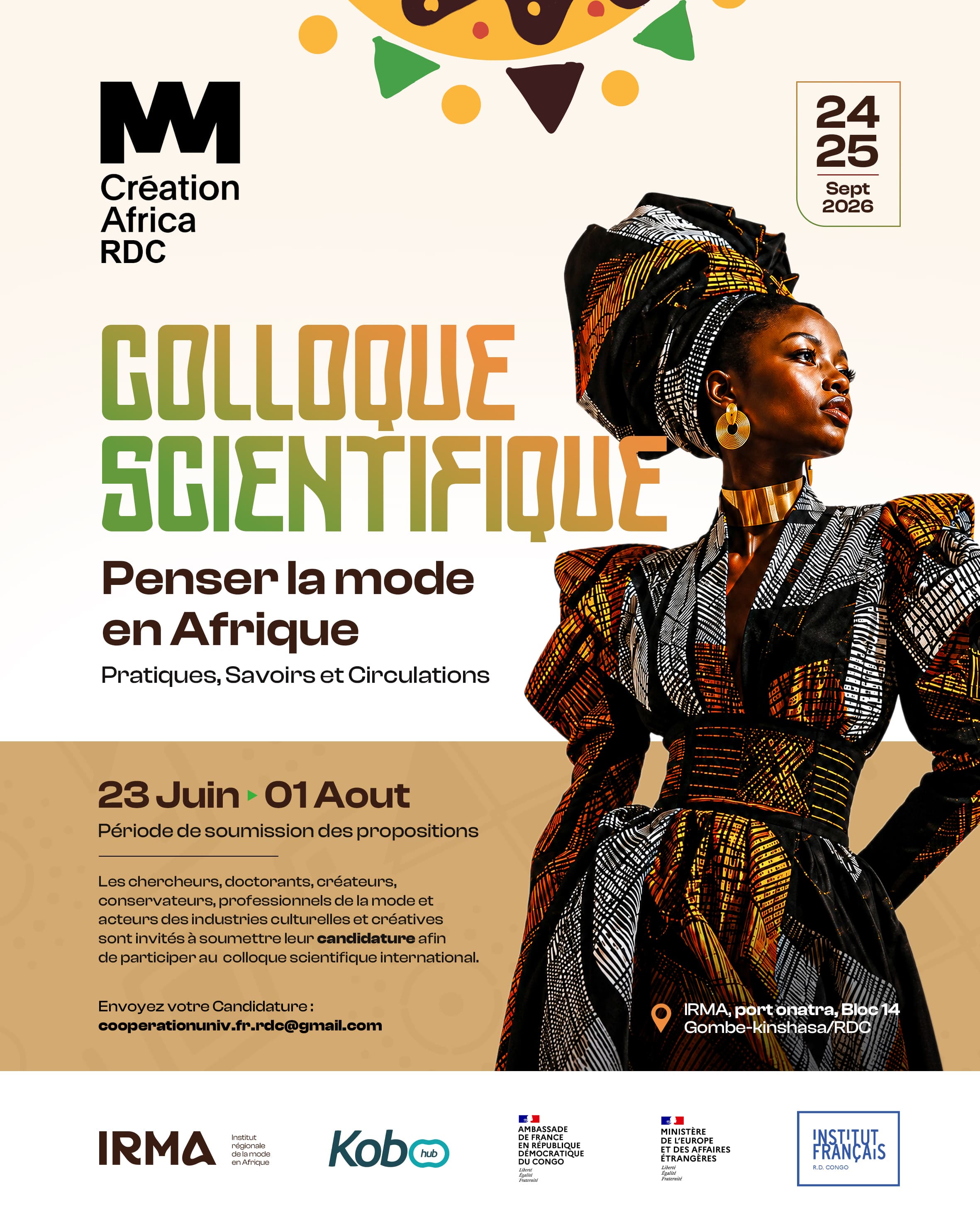Affiche du colloque scientifique Penser la mode en Afrique, les 24 et 25 septembre 2026 à l’IRMA