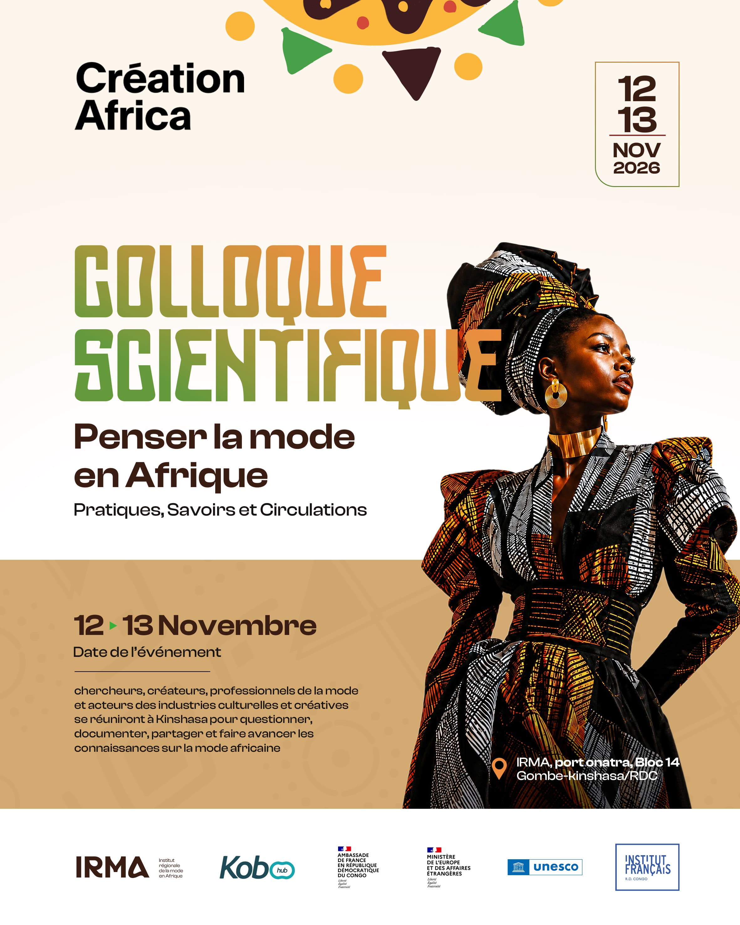 Affiche du colloque scientifique Penser la mode en Afrique, les 12 et 13 novembre 2026 à l’IRMA